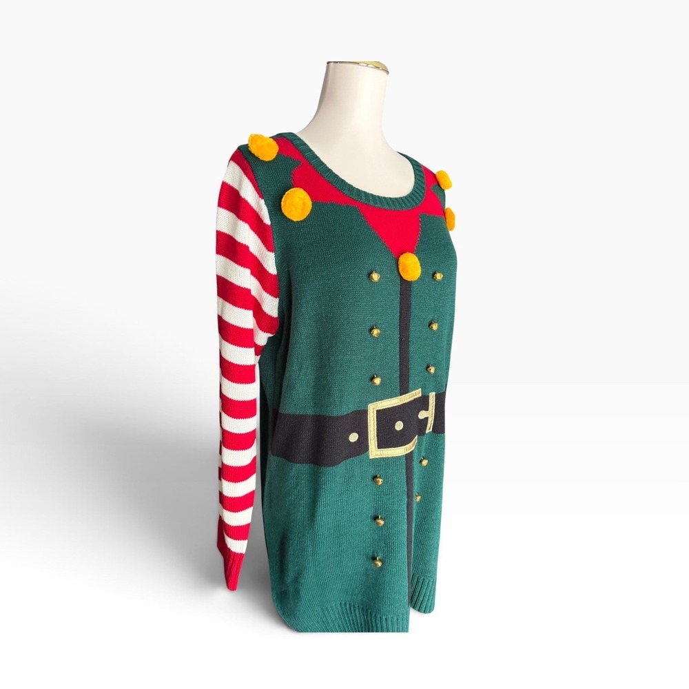 Isela Elf Ugly Christmas Sweater XL NWT 3D Bells Pom Poms Striped Holiday Tunic